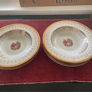 Vintage Set of 7 Royal Bone Fine China  Gold and White Soup or Salad Bowls